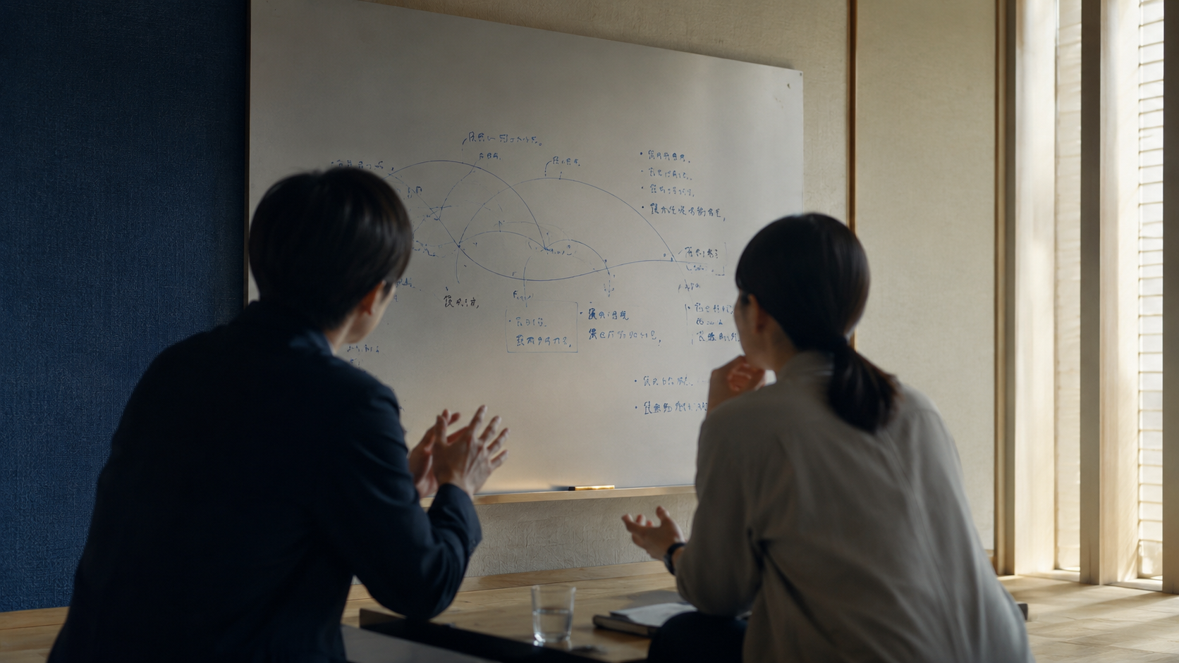 Two collaborators sketching a research diagram on a whiteboard, viewed from behind.